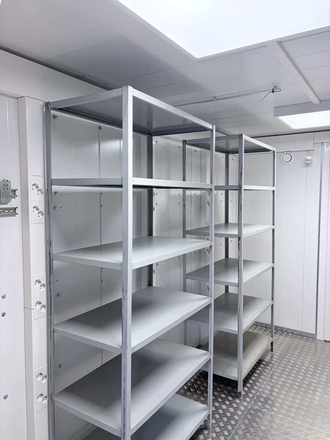 Heavy-duty shelving units fitted inside the container
